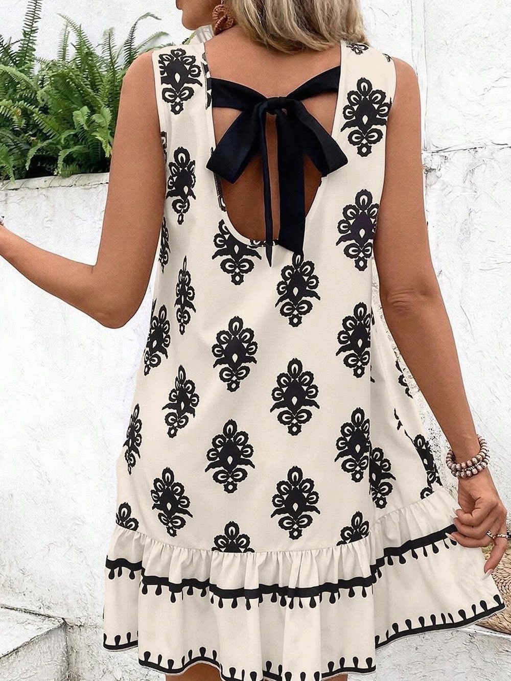 Cream Mini Dress with Black Motif and Bow Back